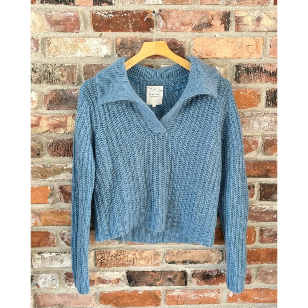 Part Two Blue Wool Blend V Neck Collared Pullover Sweater, M